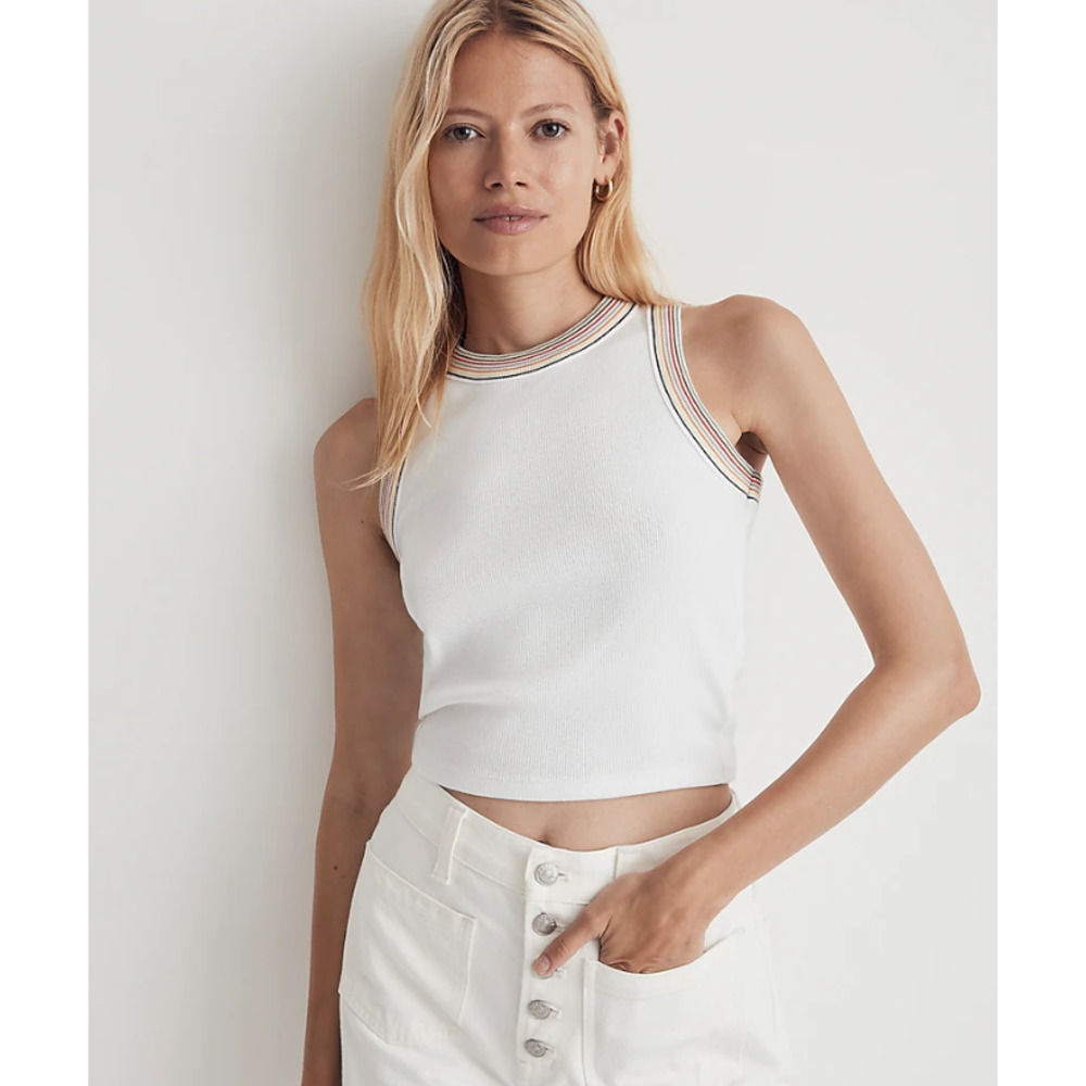 Madewell White Ribbed Tank with Multicolor Trim